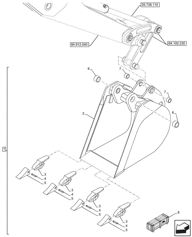 Схема запчастей Case 580N EP - (84.100.040) - VAR - 423063 - BUCKET, TRENCH 18INCH/457MM (84) - BOOMS, DIPPERS & BUCKETS