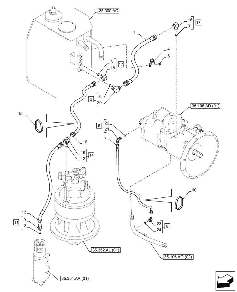 Схема запчастей Case CX350D LC - (35.352.AI[01]) - MOTO-REDUCTION GEAR, LINES (35) - HYDRAULIC SYSTEMS