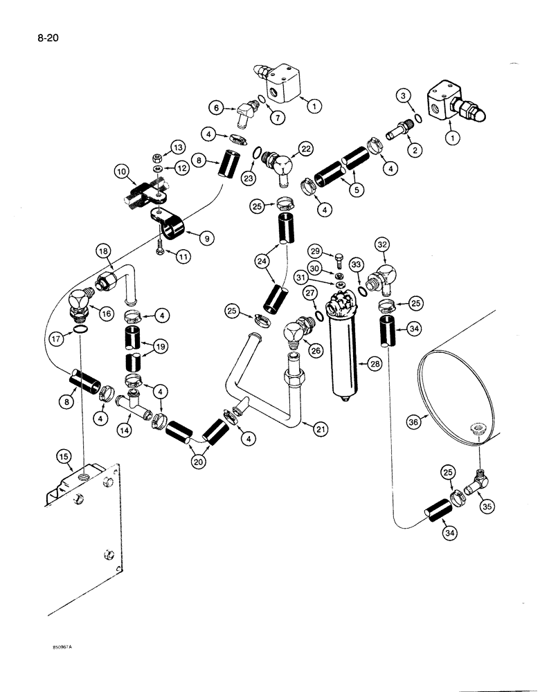 Схема запчастей Case 1086B - (8-020) - HYDRAULIC RETURN CIRCUIT, MAIN RELIEF VALVES TO RESERVOIR (08) - HYDRAULICS