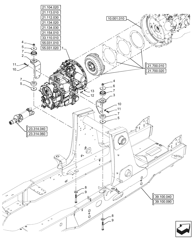 Схема запчастей Case 580SN - (21.112.010) - VAR - 423058 - TRANSMISSION, POWERSHUTTLE, 2WD (21) - TRANSMISSION