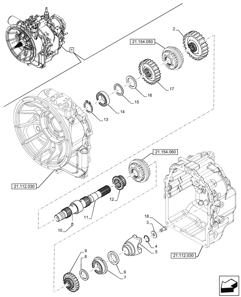 Схема запчастей Case 580SN - (21.154.040) - VAR - 423058 - TRANSMISSION, POWERSHUTTLE, COMPONENTS, DRIVE SHAFT, 2WD (21) - TRANSMISSION