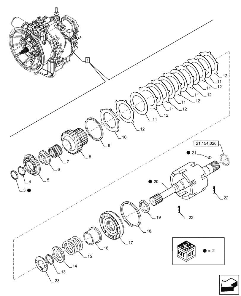 Схема запчастей Case 590SN - (21.154.010) - VAR - 423058 - TRANSMISSION, POWERSHUTTLE, COMPONENTS, PTO, INPUT SHAFT, 2WD (21) - TRANSMISSION