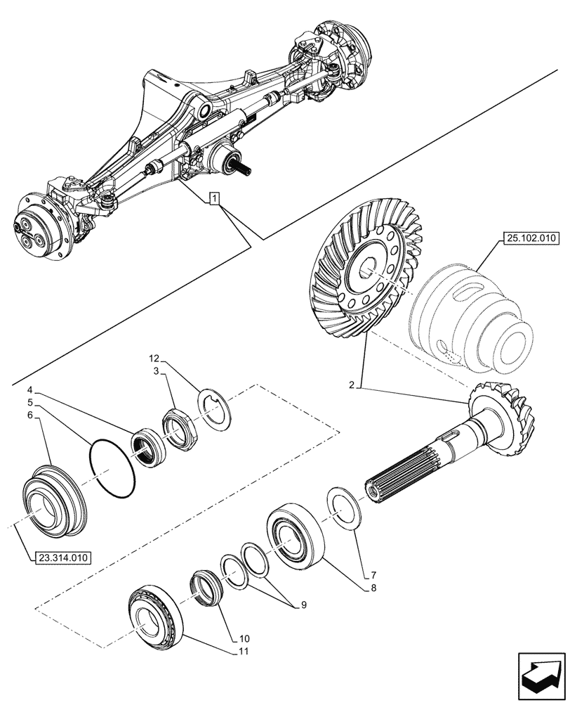 Схема запчастей Case 580SN - (25.102.020) - FRONT AXLE, BEVEL GEAR, 4WD (25) - FRONT AXLE SYSTEM