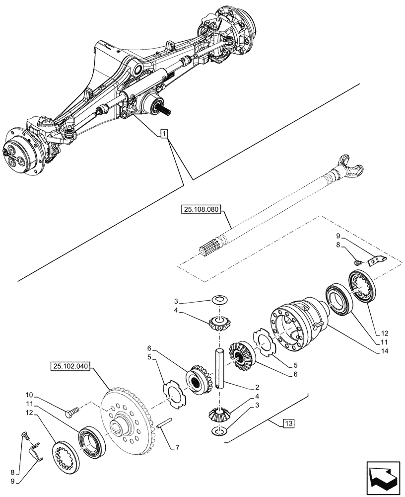 Схема запчастей Case 590SN - (25.102.030) - FRONT AXLE, COMPONENTS, DIFFERENTIAL GEAR, 4WD (25) - FRONT AXLE SYSTEM