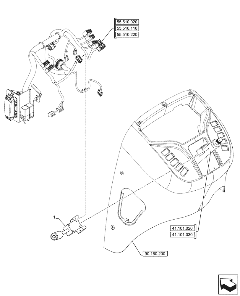 Схема запчастей Case 580SN WT - (55.513.030) - VAR - 423058, 423059 - POWERSHUTTLE, TRANSMISSION, FORWARD/REVERSE LEVER, SWITCH (55) - ELECTRICAL SYSTEMS