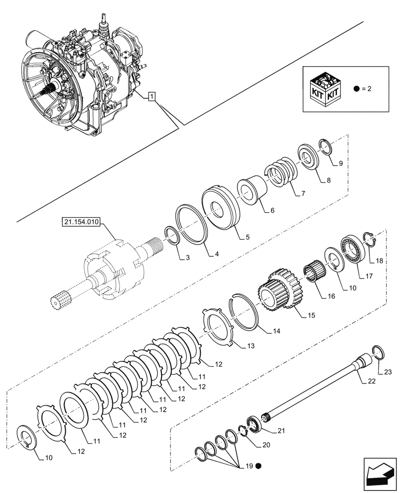 Схема запчастей Case 590SN - (21.154.020) - VAR - 423058 - TRANSMISSION, POWERSHUTTLE, COMPONENTS, PTO, INPUT SHAFT, 2WD (21) - TRANSMISSION