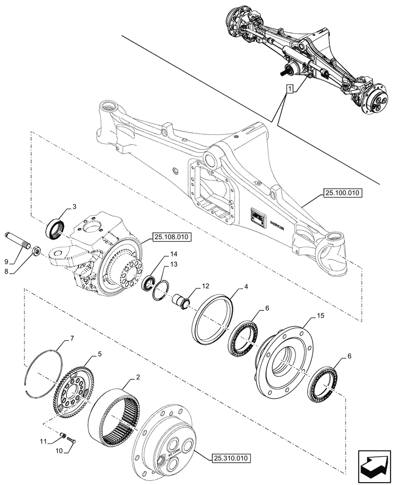 Схема запчастей Case 580SN - (25.108.030) - FRONT AXLE, COMPONENTS, STEERING KNUCKLE, RH, STD, 4WD (25) - FRONT AXLE SYSTEM