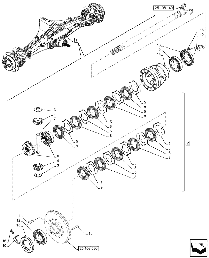 Схема запчастей Case 580SN WT - (25.102.070) - FRONT AXLE, DIFFERENTIAL GEAR, 4WD (25) - FRONT AXLE SYSTEM