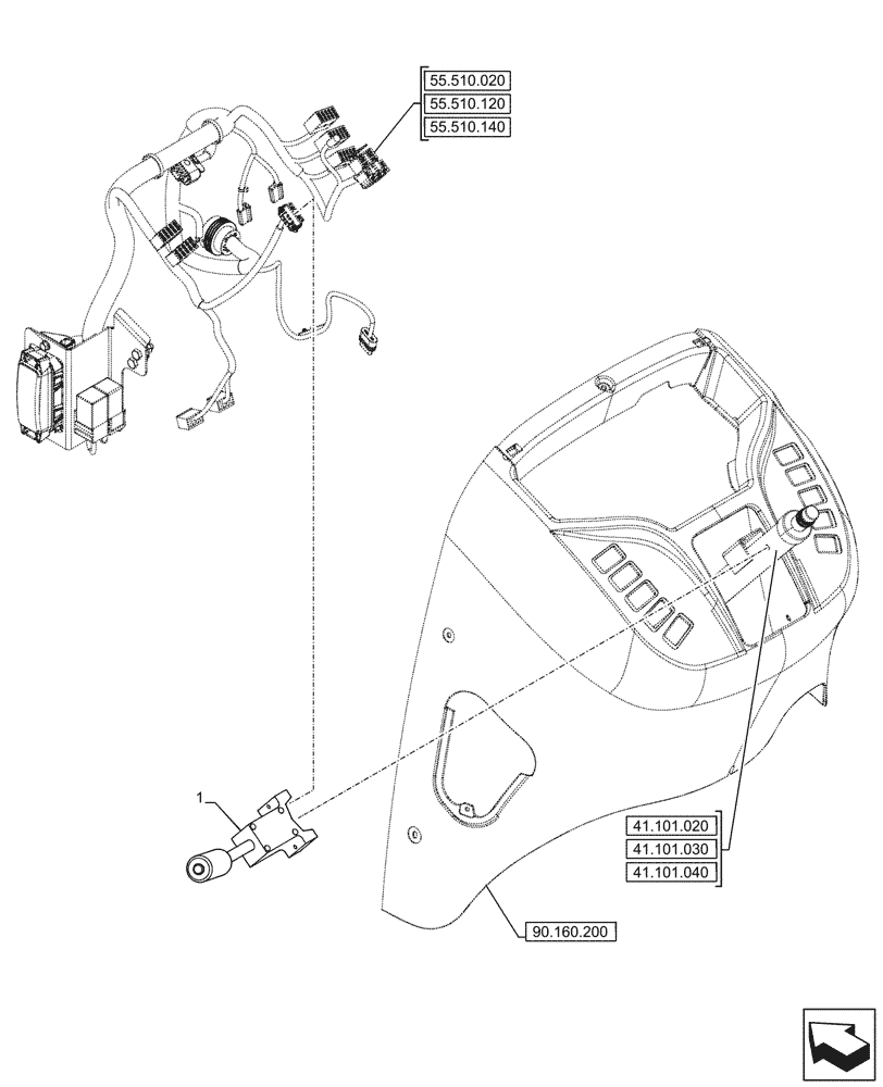 Схема запчастей Case 590SN - (55.513.030) - VAR - 423058 - TRANSMISSION, POWERSHUTTLE, FORWARD/REVERSE LEVER, SWITCH, 2WD (55) - ELECTRICAL SYSTEMS