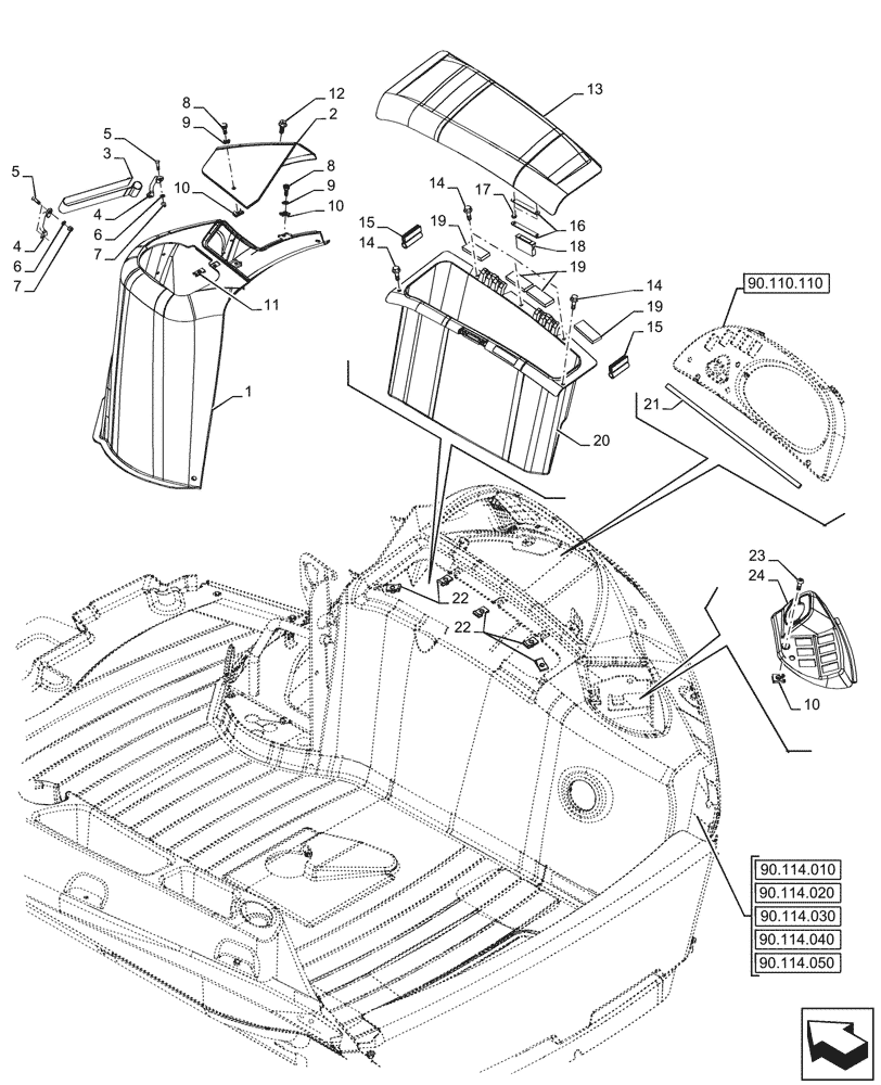 Схема запчастей Case 590SN - (90.110.080) - CANOPY INTERIOR TRIM, RIGHT SIDE, PANEL (90) - PLATFORM, CAB, BODYWORK AND DECALS