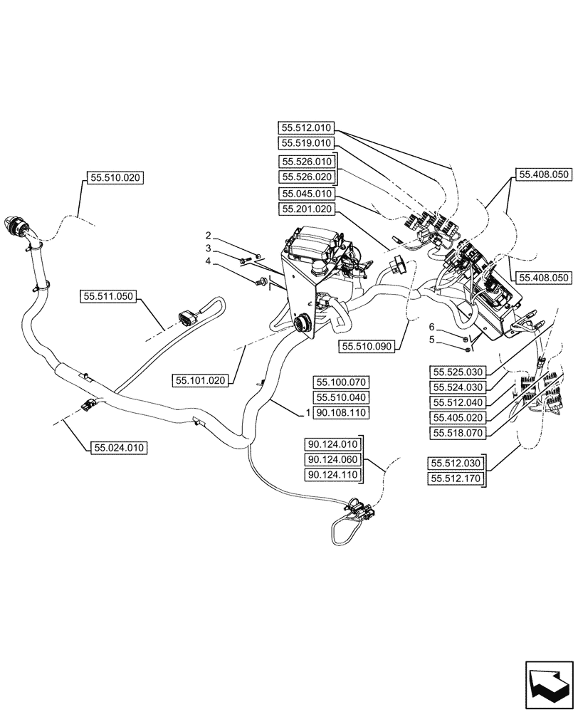 Схема запчастей Case 580SN WT - (55.510.030) - VAR - 423058, 423059 - POWERSHUTTLE, TRANSMISSION, RIGHT SIDE, HARNESS W/ OPT (55) - ELECTRICAL SYSTEMS