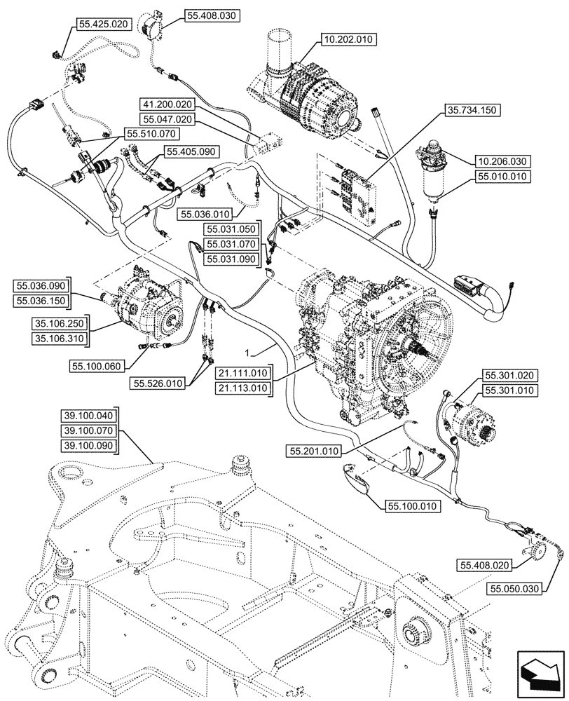 Схема запчастей Case 590SN - (55.101.030) - VAR - 423060, 423061, 423062 - POWERSHUTTLE, TRANSMISSION, CHASSIS, HARNESS (55) - ELECTRICAL SYSTEMS