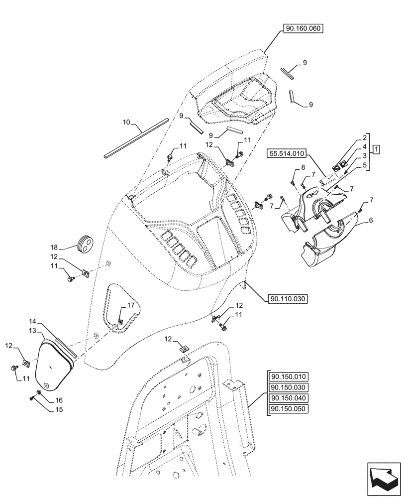 Схема запчастей Case 580SN - (90.110.070) - CANOPY, FRONT, CONSOLE, STEERING COLUMN, COVERS (90) - PLATFORM, CAB, BODYWORK AND DECALS