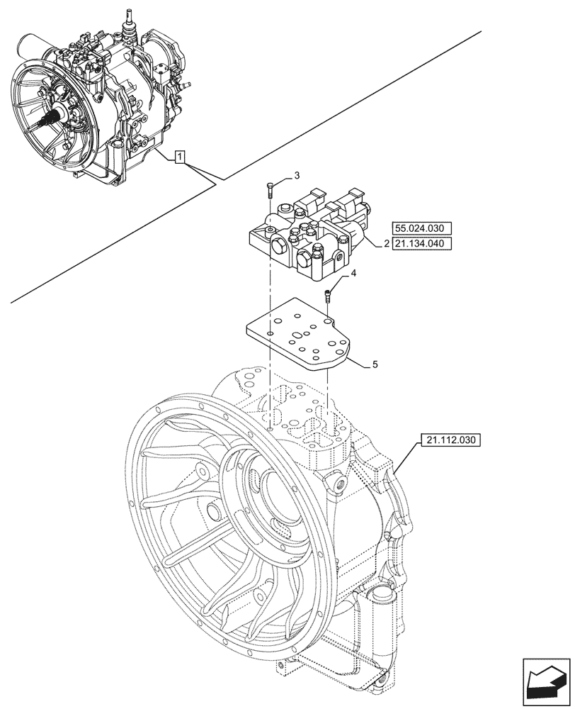 Схема запчастей Case 590SN - (21.134.030) - VAR - 423058 - TRANSMISSION, POWERSHUTTLE, COMPONENTS, CONTROL VALVE, 2WD (21) - TRANSMISSION