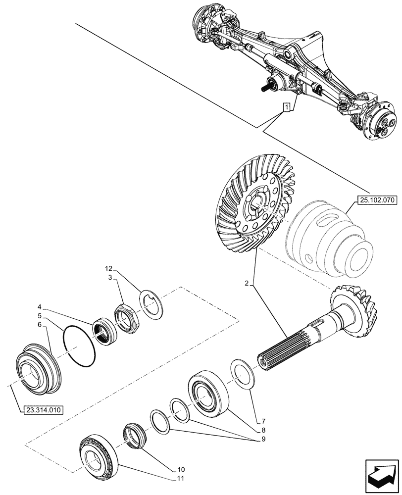 Схема запчастей Case 580SN WT - (25.102.080) - FRONT AXLE, COMPONENTS, BEVEL GEAR, 4WD (25) - FRONT AXLE SYSTEM