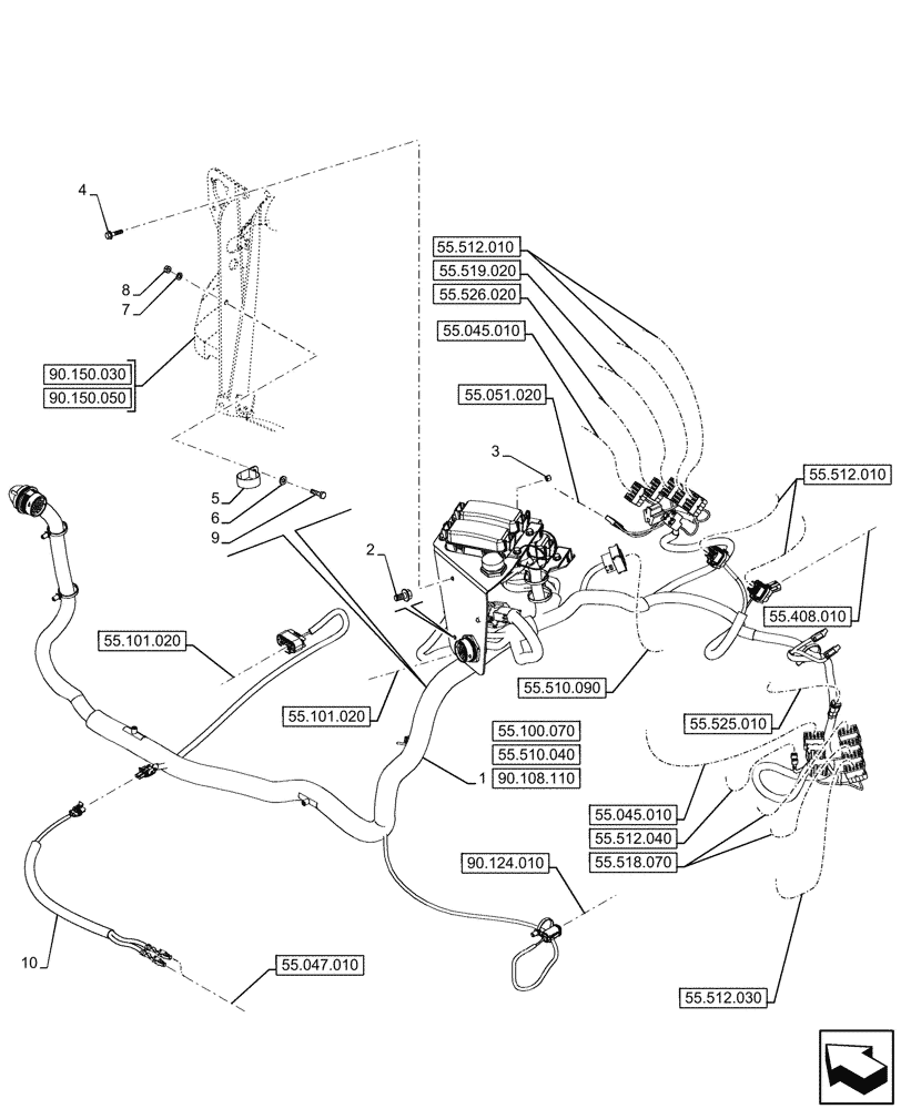 Схема запчастей Case 580SN WT - (55.510.030) - VAR - 423058, 423059 - POWERSHUTTLE, TRANSMISSION, RIGHT SIDE, HARNESS (55) - ELECTRICAL SYSTEMS