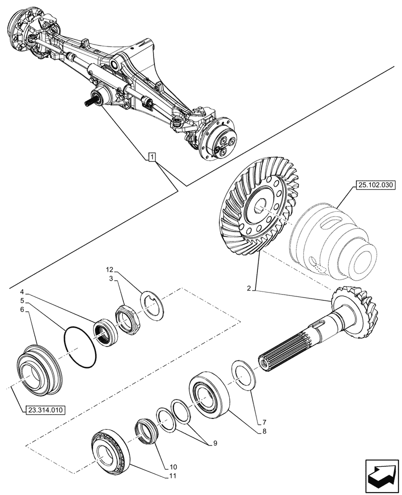 Схема запчастей Case 590SN - (25.102.040) - FRONT AXLE, COMPONENTS, BEVEL GEAR, 4WD (25) - FRONT AXLE SYSTEM