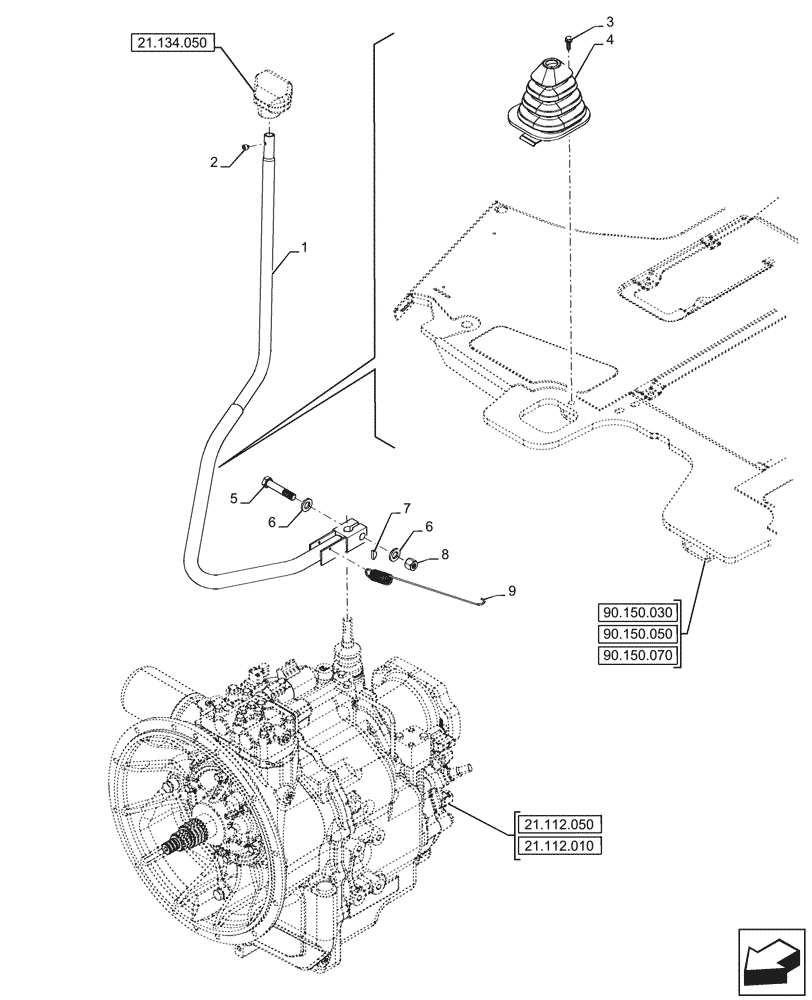 Схема запчастей Case 580SN WT - (21.134.010) - VAR - 423058, 423059 - TRANSMISSION, POWERSHUTTLE, CONTROL LEVER, RANGE (21) - TRANSMISSION