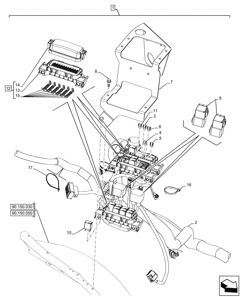 Схема запчастей Case 580SN WT - (55.100.090) - VAR - 423060, 423061, 423062 - SEMI-POWERSHIFT, POWERSHIFT, TRANSMISSION, RIGHT SIDE, CONSOLE, HARNESS, FUSE BOX (55) - ELECTRICAL SYSTEMS