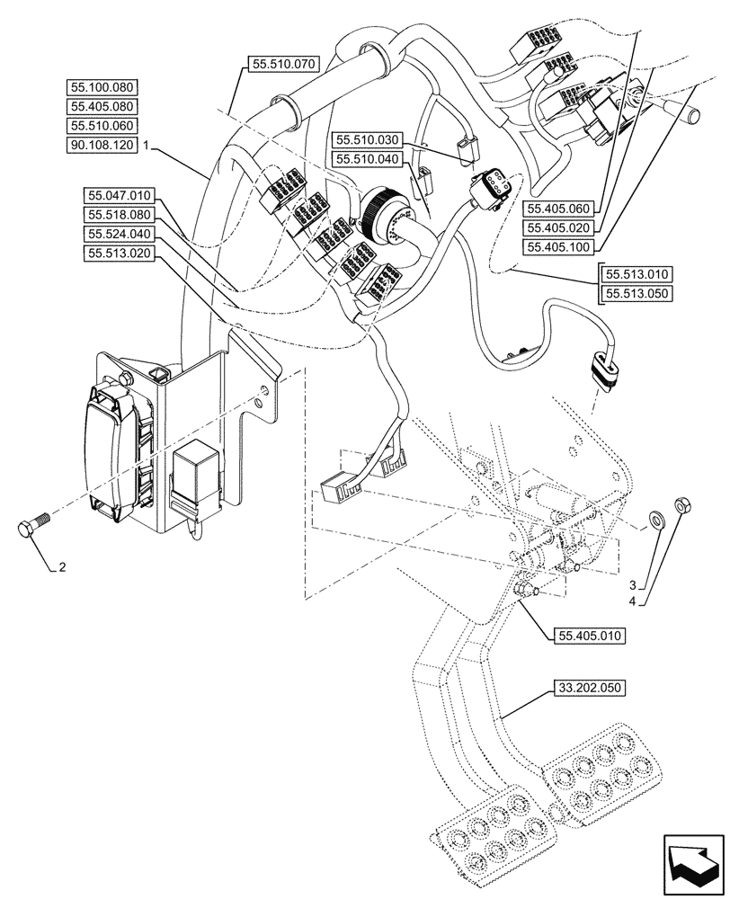 Схема запчастей Case 580SN WT - (55.510.050) - VAR - 423060, 423061, 423062 - SEMI-POWERSHIFT, POWERSHIFT, TRANSMISSION, FRONT, CONSOLE, HARNESS (55) - ELECTRICAL SYSTEMS