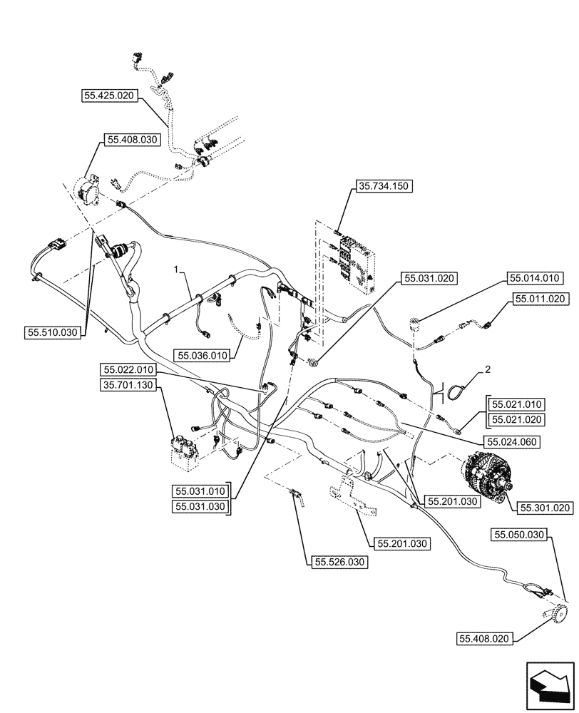 Схема запчастей Case 580SN - (55.101.020) - VAR - 423058, 423059 - POWERSHUTTLE, TRANSMISSION, CHASSIS, HARNESS (55) - ELECTRICAL SYSTEMS