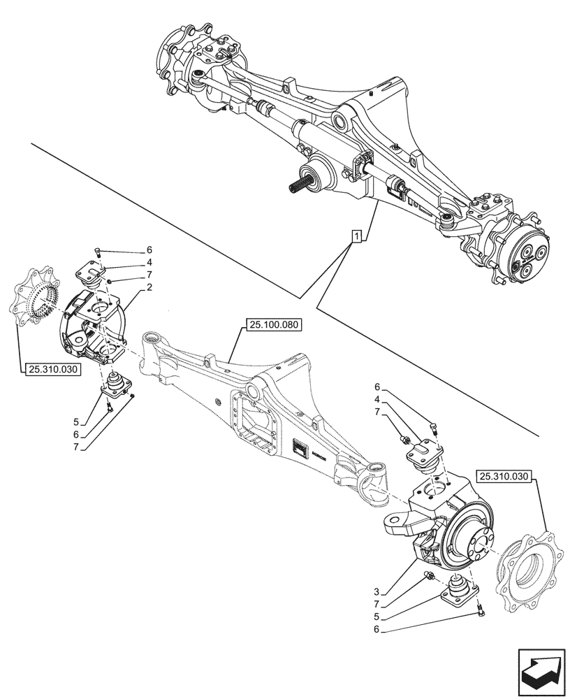 Схема запчастей Case 580N - (25.108.090) - FRONT AXLE, STEERING KNUCKLE, PIN, 4WD (25) - FRONT AXLE SYSTEM