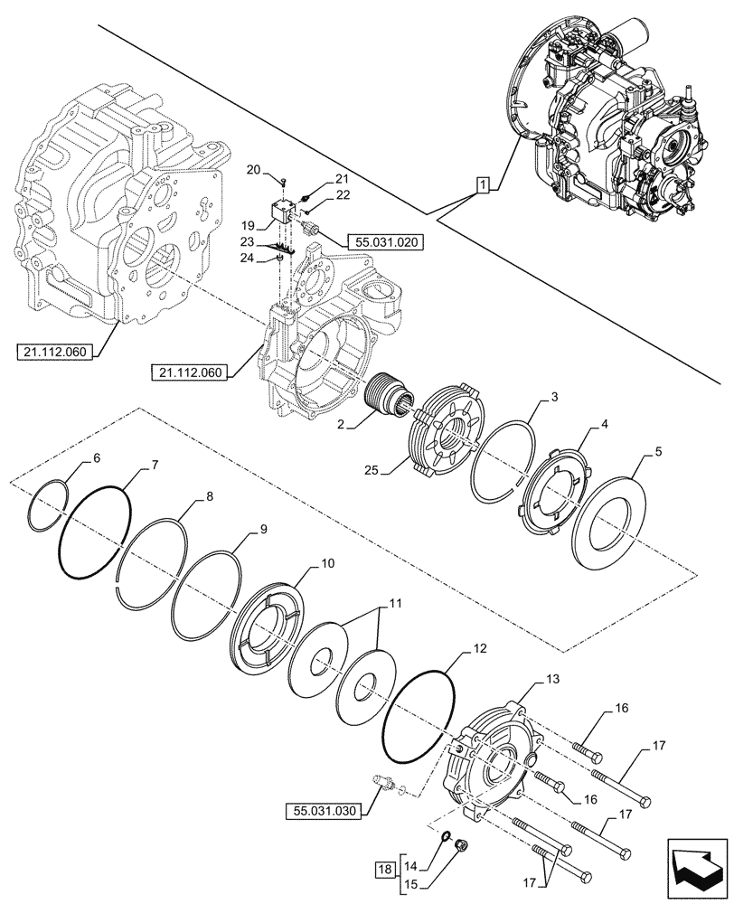 Схема запчастей Case 580SN - (33.110.010) - VAR - 423058 - TRANSMISSION, POWERSHUTTLE, COMPONENTS, PARKING BRAKE, DISC, 2WD (33) - BRAKES & CONTROLS