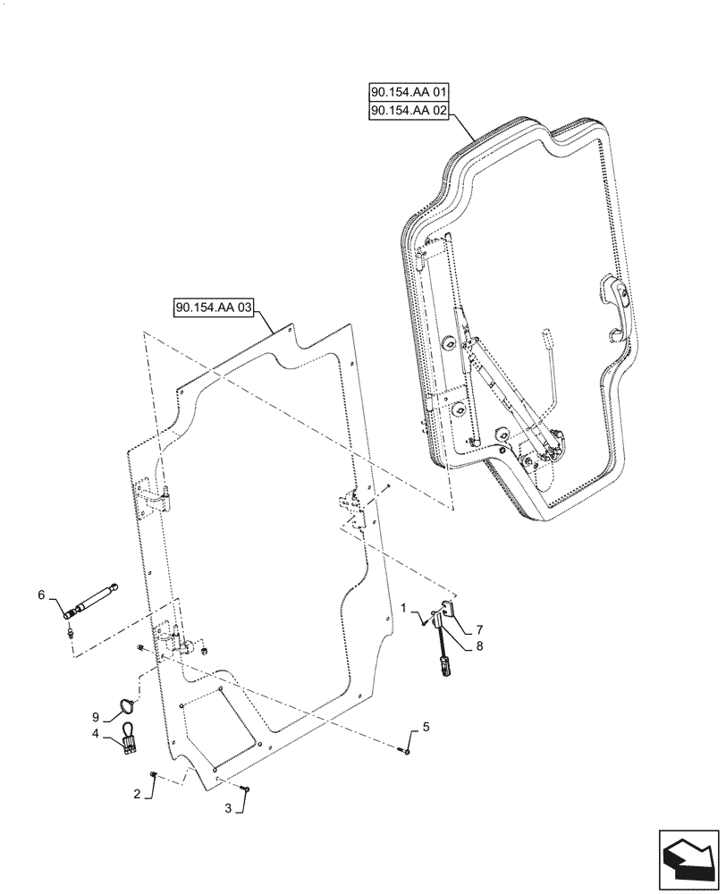 Схема запчастей Case SR150 - (90.154.AA) - DEMO DOOR, MOUNTING (90) - PLATFORM, CAB, BODYWORK AND DECALS