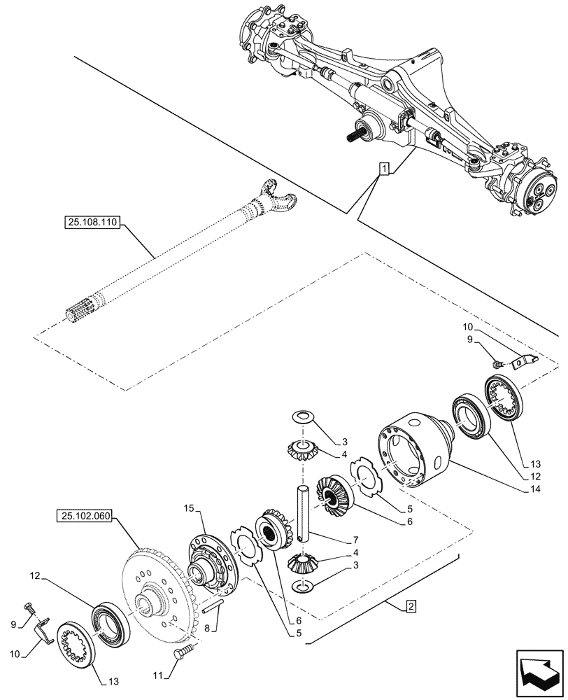 Схема запчастей Case 580N - (25.102.050) - FRONT AXLE, DIFFERENTIAL GEAR, 4WD (25) - FRONT AXLE SYSTEM