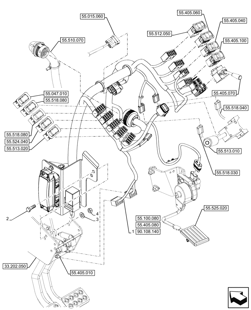 Схема запчастей Case 590SN - (55.510.050) - VAR - 423060, 423061, 423062 - SEMI-POWERSHIFT, POWERSHIFT, TRANSMISSION, FRONT, CONSOLE, HARNESS (55) - ELECTRICAL SYSTEMS