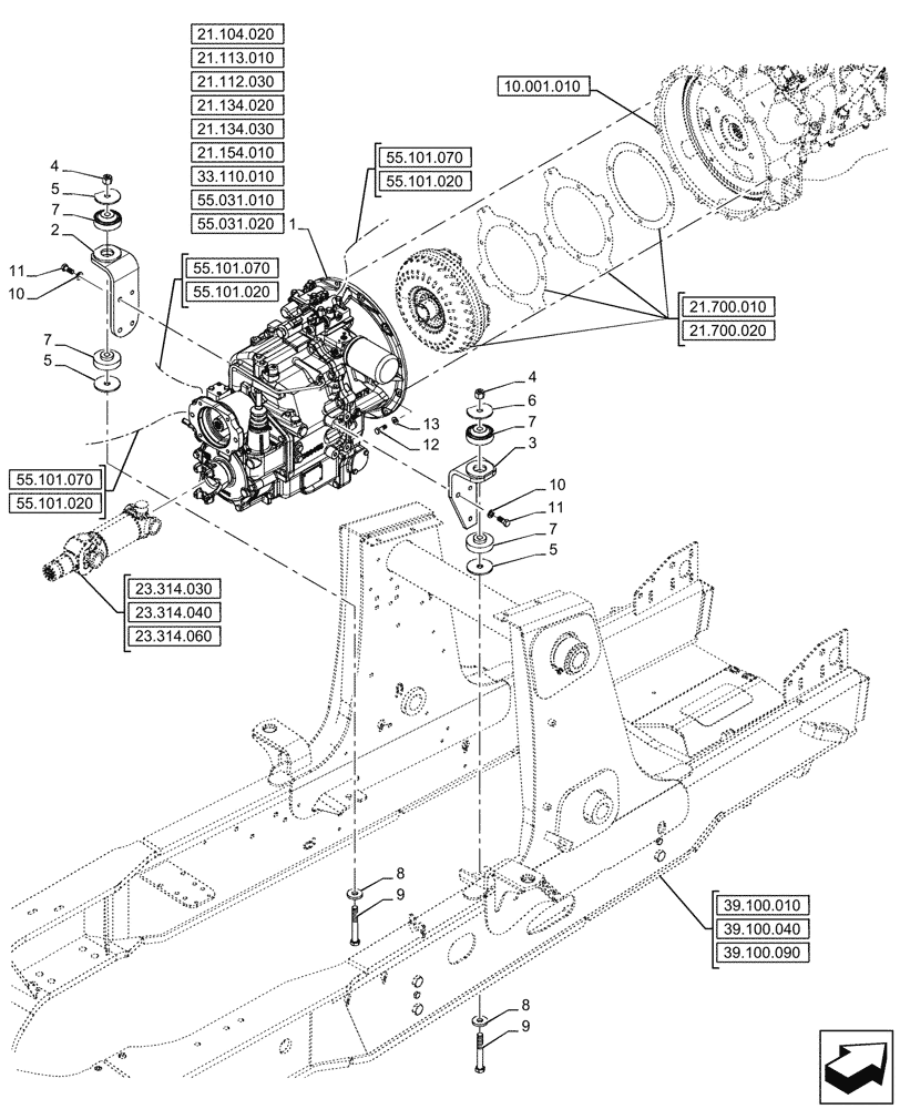 Схема запчастей Case 580SN - (21.112.010) - VAR - 423058 - TRANSMISSION, POWERSHUTTLE, 2WD (21) - TRANSMISSION