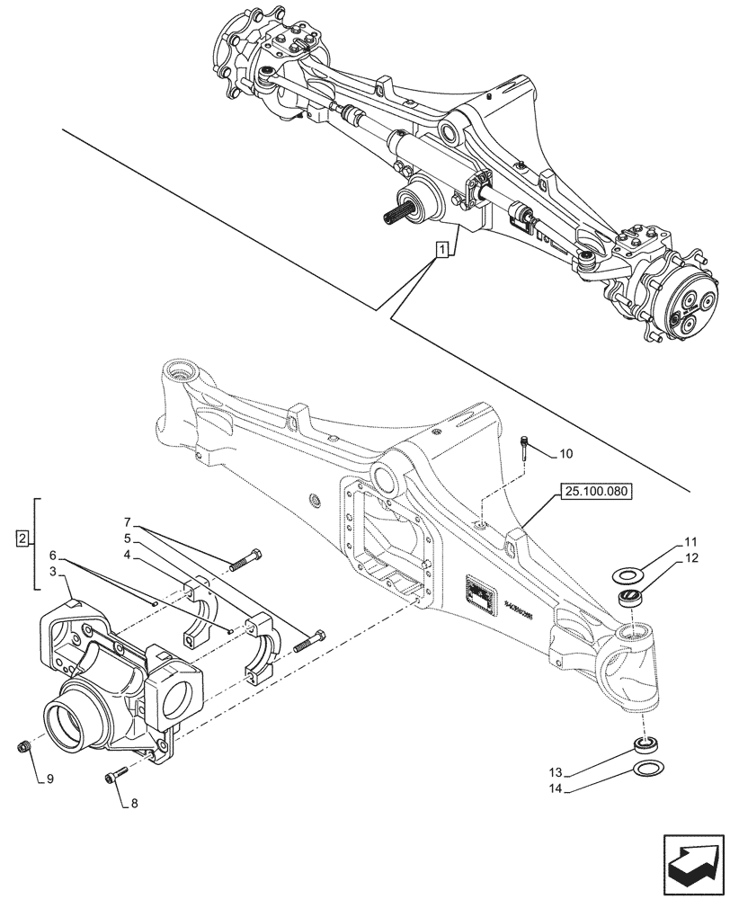 Схема запчастей Case 580N - (25.100.090) - FRONT AXLE, HOUSING, COVERS, 4WD (25) - FRONT AXLE SYSTEM