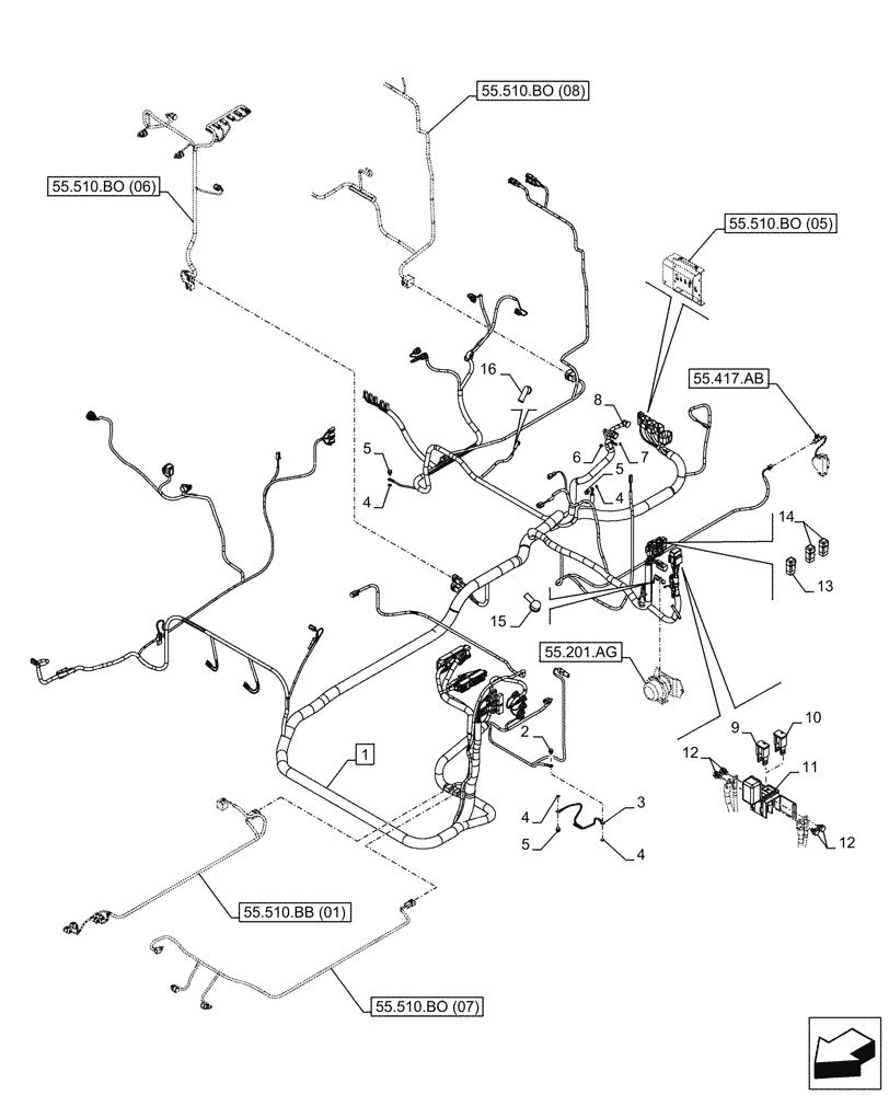 Схема запчастей Case CX350D LC - (55.510.BO[01]) - MAIN, WIRE HARNESS (55) - ELECTRICAL SYSTEMS