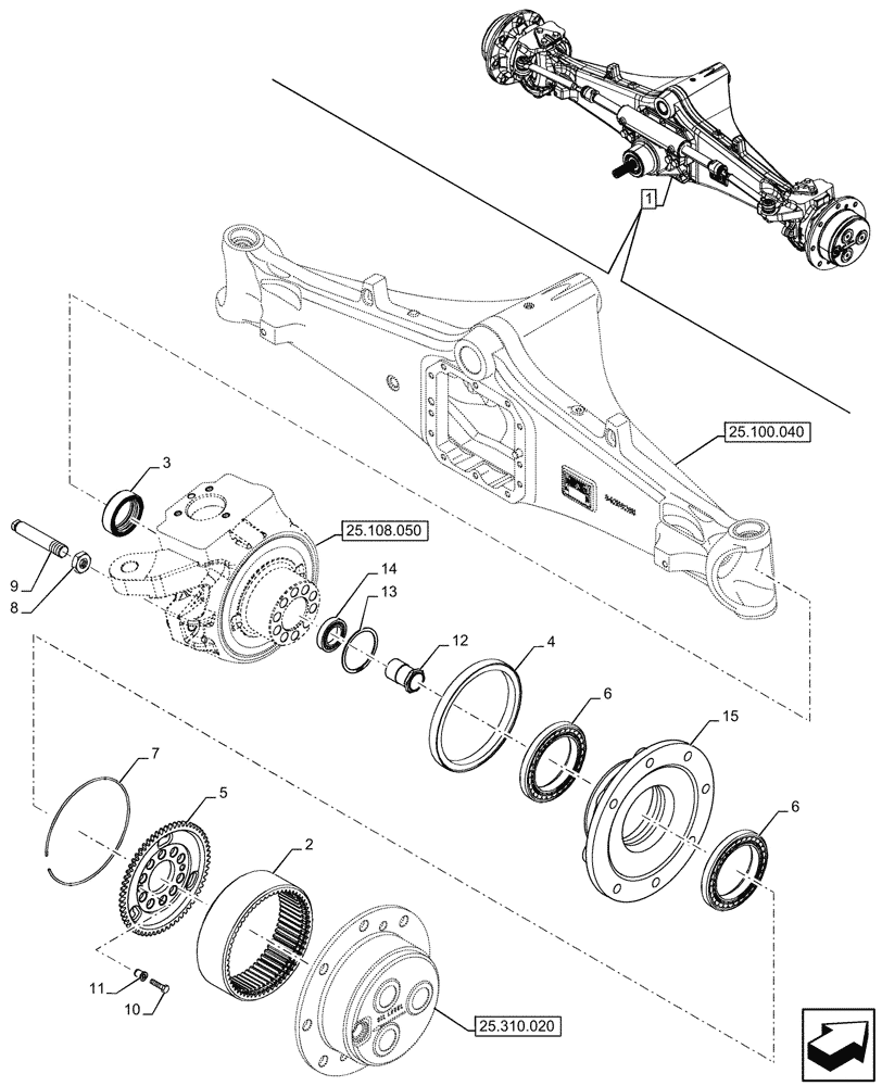 Схема запчастей Case 590SN - (25.108.070) - FRONT AXLE, COMPONENTS, STEERING KNUCKLE, RH, STD, 4WD (25) - FRONT AXLE SYSTEM