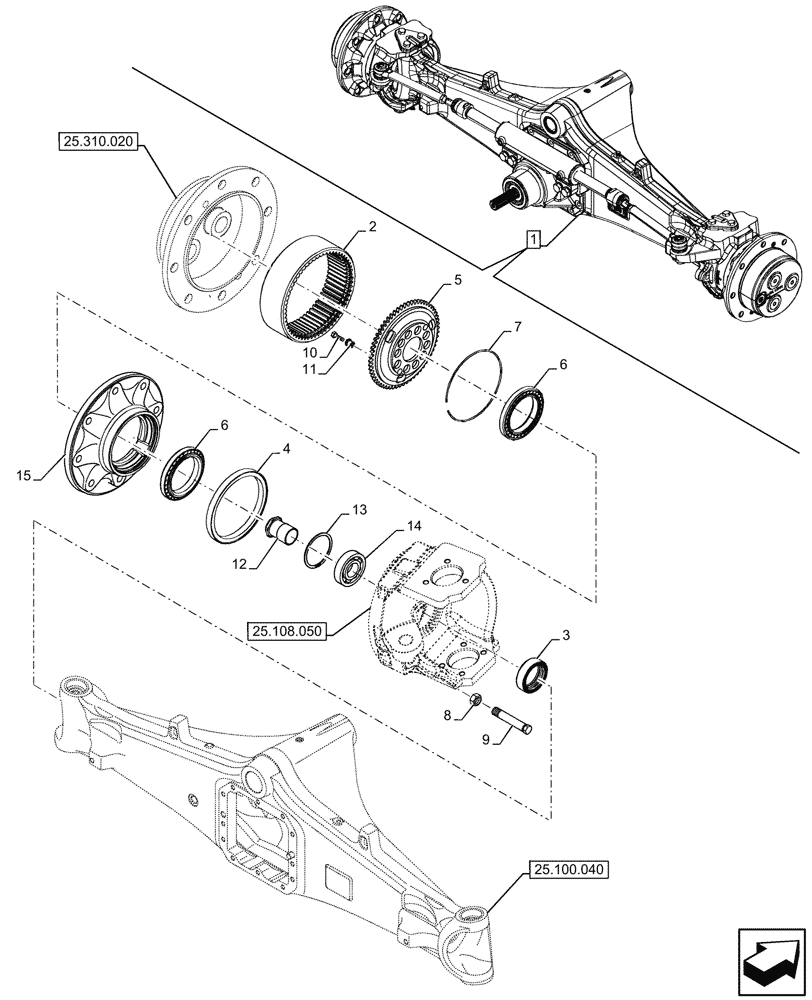 Схема запчастей Case 590SN - (25.108.060) - FRONT AXLE, COMPONENTS, STEERING KNUCKLE, LH, STD, 4WD (25) - FRONT AXLE SYSTEM