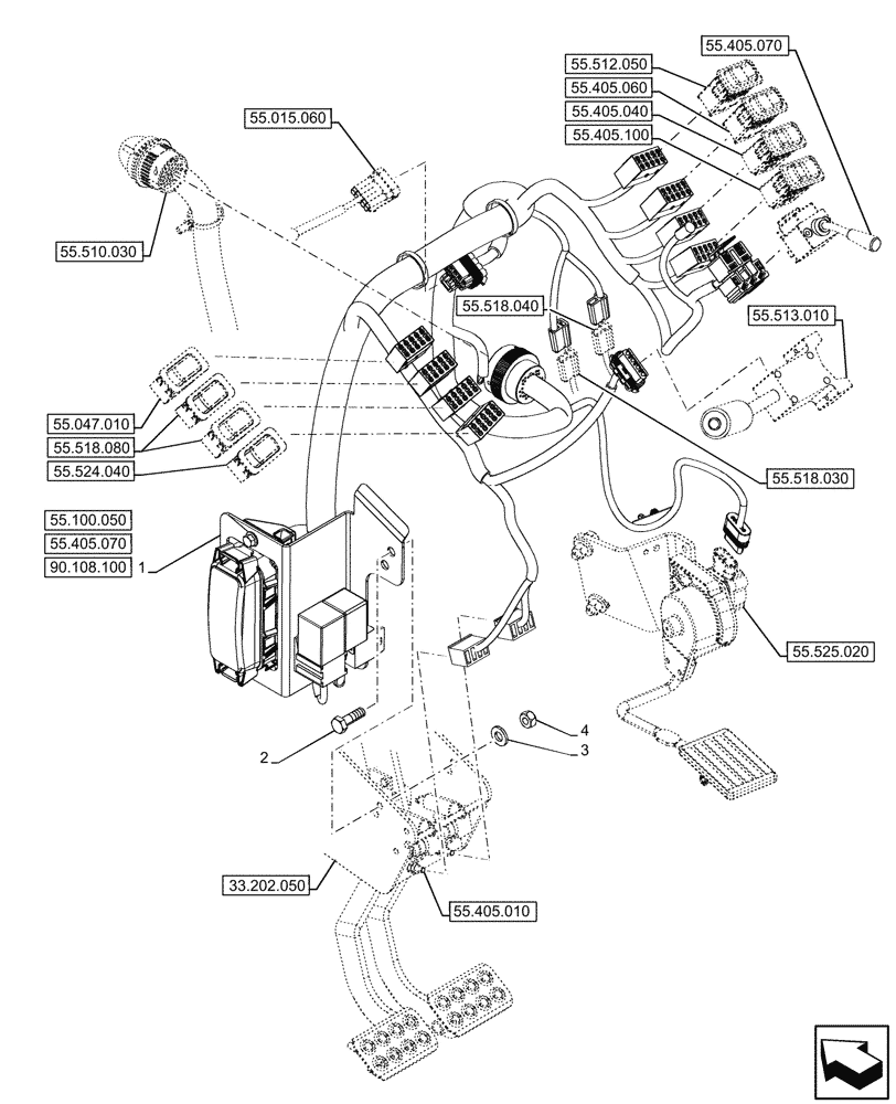 Схема запчастей Case 580SN - (55.510.020) - VAR - 423058, 423059 - POWERSHUTTLE, TRANSMISSION, FRONT, CONSOLE, HARNESS (55) - ELECTRICAL SYSTEMS