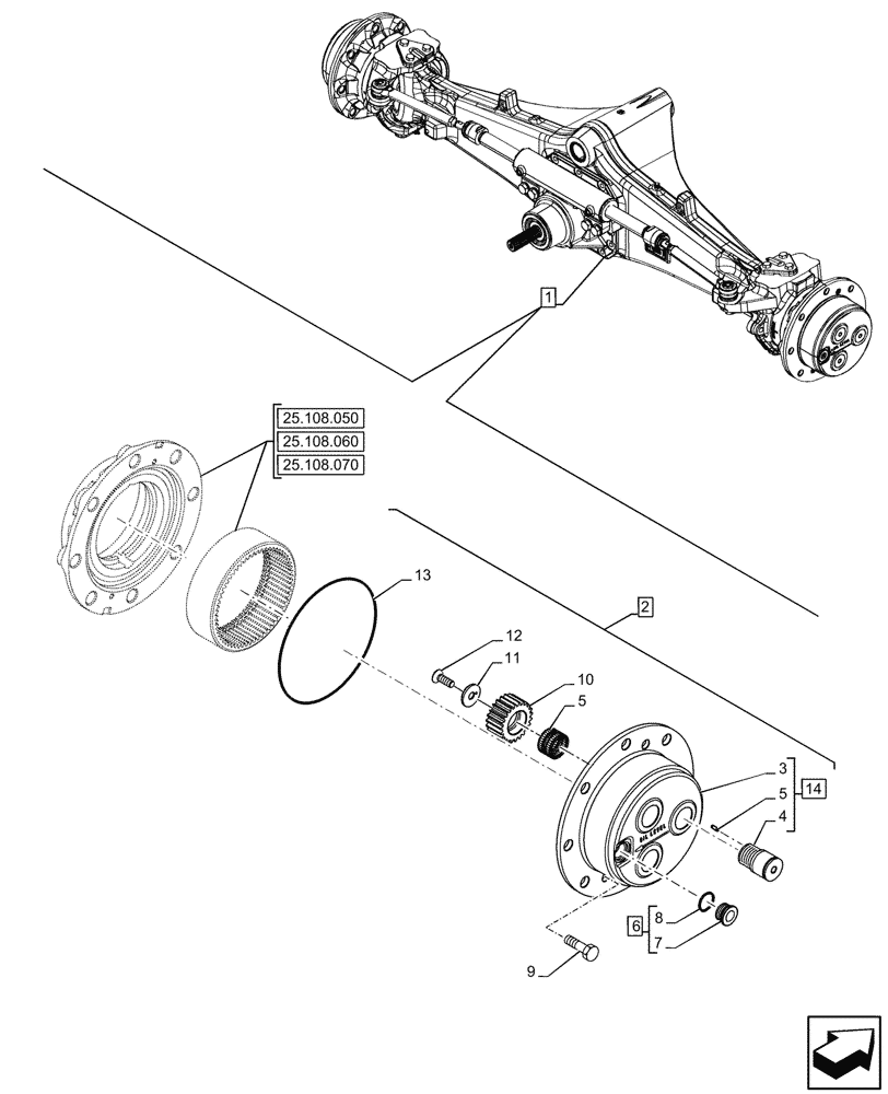 Схема запчастей Case 590SN - (25.310.020) - FRONT AXLE, PLANETARY REDUCER, CARRIER, 4WD (25) - FRONT AXLE SYSTEM