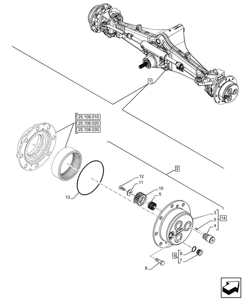 Схема запчастей Case 580SN - (25.310.010) - FRONT AXLE, PLANETARY REDUCER, CARRIER, 4WD (25) - FRONT AXLE SYSTEM