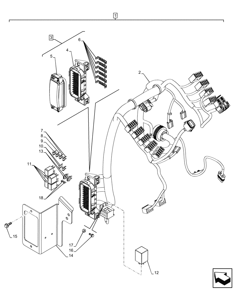 Схема запчастей Case 580SN WT - (55.100.080) - VAR - 423060, 423061, 423062 - SEMI-POWERSHIFT, POWERSHIFT, TRANSMISSION, FRONT, CONSOLE, HARNESS, FUSE BOX (55) - ELECTRICAL SYSTEMS