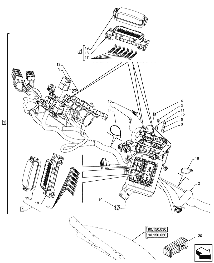 Схема запчастей Case 590SN - (55.100.070) - VAR - 423058, 423059 - POWERSHUTTLE, TRANSMISSION, RIGHT SIDE, HARNESS W/ OPT, FUSE BOX (55) - ELECTRICAL SYSTEMS