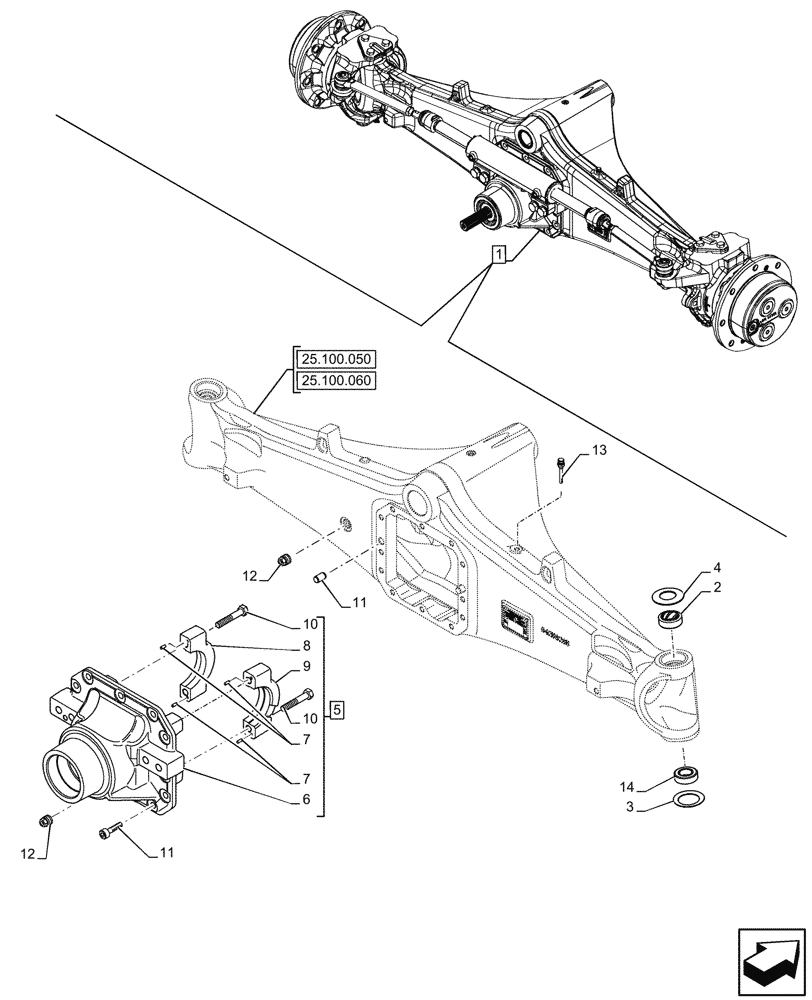 Схема запчастей Case 590SN - (25.100.060) - FRONT AXLE, COMPONENTS, DIFFERENTIAL, COVERS, 4WD (25) - FRONT AXLE SYSTEM