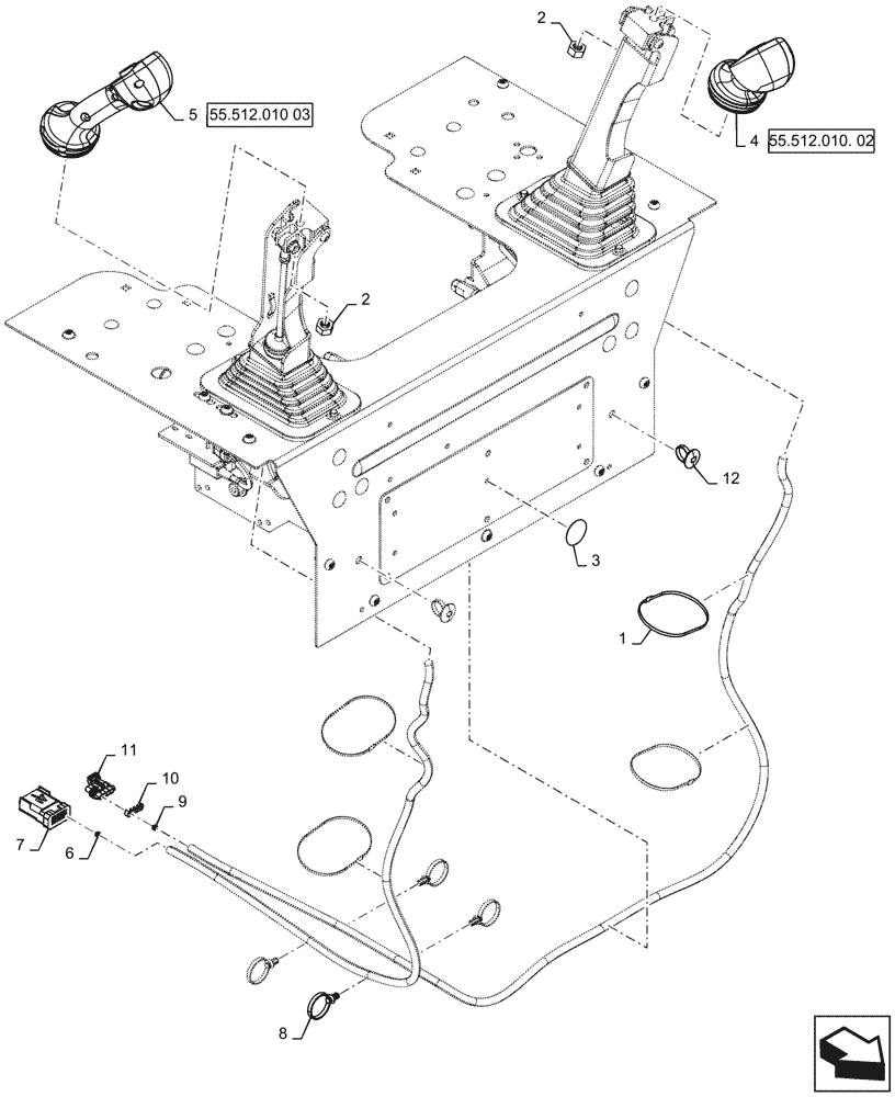 Схема запчастей Case SV340 - (55.512.010[01]) - LEVEL 100 HANDLE GRIPS, 1-SPEED, MECHANICAL CONTROLS (55) - ELECTRICAL SYSTEMS