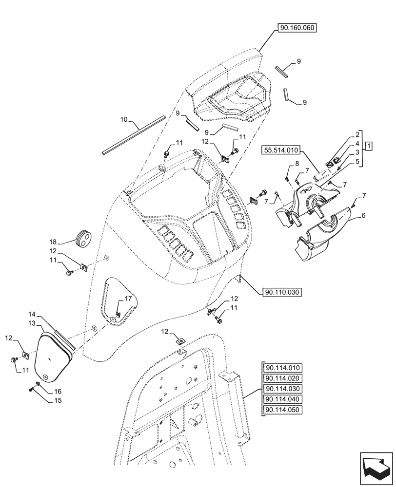 Схема запчастей Case 580SN - (90.110.070) - CANOPY, FRONT, CONSOLE, STEERING COLUMN, COVERS (90) - PLATFORM, CAB, BODYWORK AND DECALS