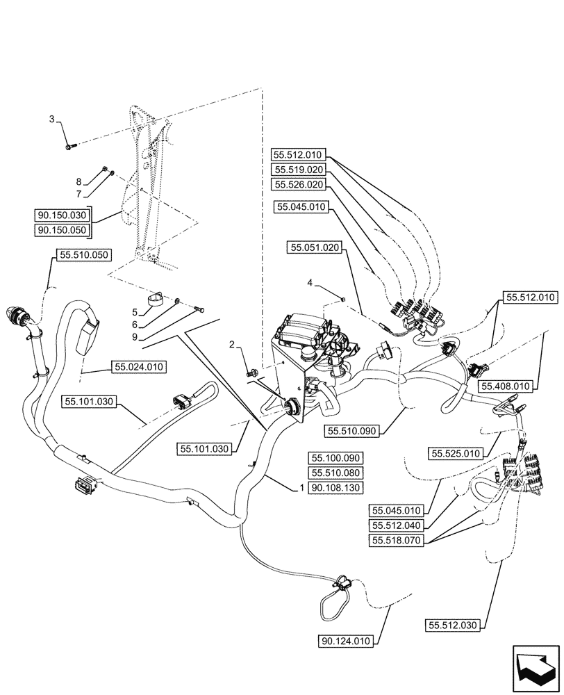 Схема запчастей Case 580SN WT - (55.510.070) - VAR - 423060, 423061, 423062 - SEMI-POWERSHIFT, POWERSHIFT, TRANSMISSION, SIDE, CONSOLE, HARNESS (55) - ELECTRICAL SYSTEMS