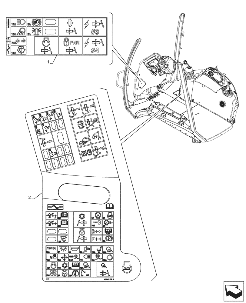 Схема запчастей Case 580SN - (90.108.290) - VAR - 423058, 423059 - DECAL, POWERSHUTTLE, TRANSMISSION, FUSE, RELAY (90) - PLATFORM, CAB, BODYWORK AND DECALS