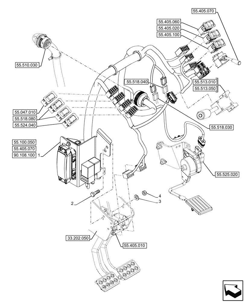 Схема запчастей Case 580SN WT - (55.510.020) - VAR - 423058, 423059 - POWERSHUTTLE, TRANSMISSION, FRONT, CONSOLE, HARNESS (55) - ELECTRICAL SYSTEMS