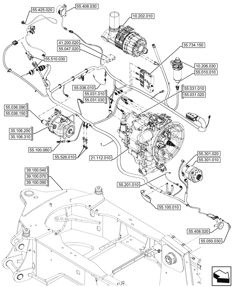 Схема запчастей Case 580SN WT - (55.101.020) - VAR - 423058, 423059 - POWERSHUTTLE, TRANSMISSION, CHASSIS, HARNESS (55) - ELECTRICAL SYSTEMS