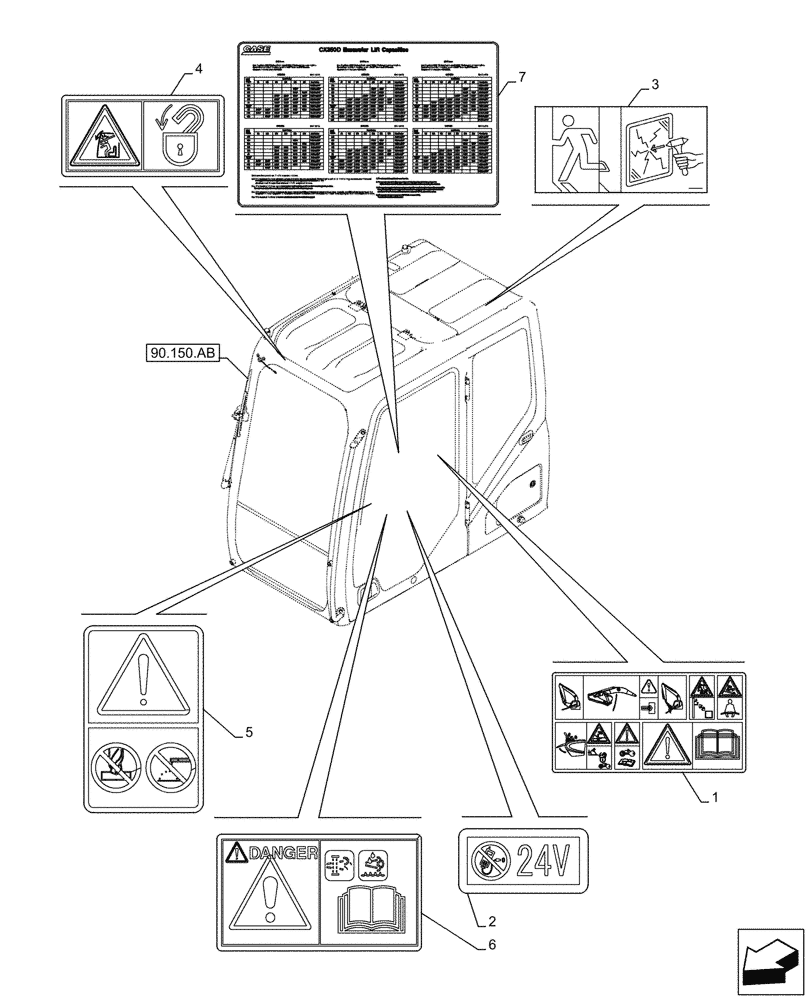 Схема запчастей Case CX350D LC - (90.108.AC[05]) - WARNING DECAL (90) - PLATFORM, CAB, BODYWORK AND DECALS