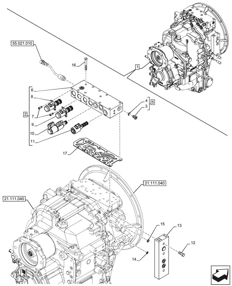 Схема запчастей Case 580SN - (55.024.080) - VAR - 423062 - TRANSMISSION, POWERSHIFT, COMPONENTS, CONTROL VALVE, 2WD (55) - ELECTRICAL SYSTEMS