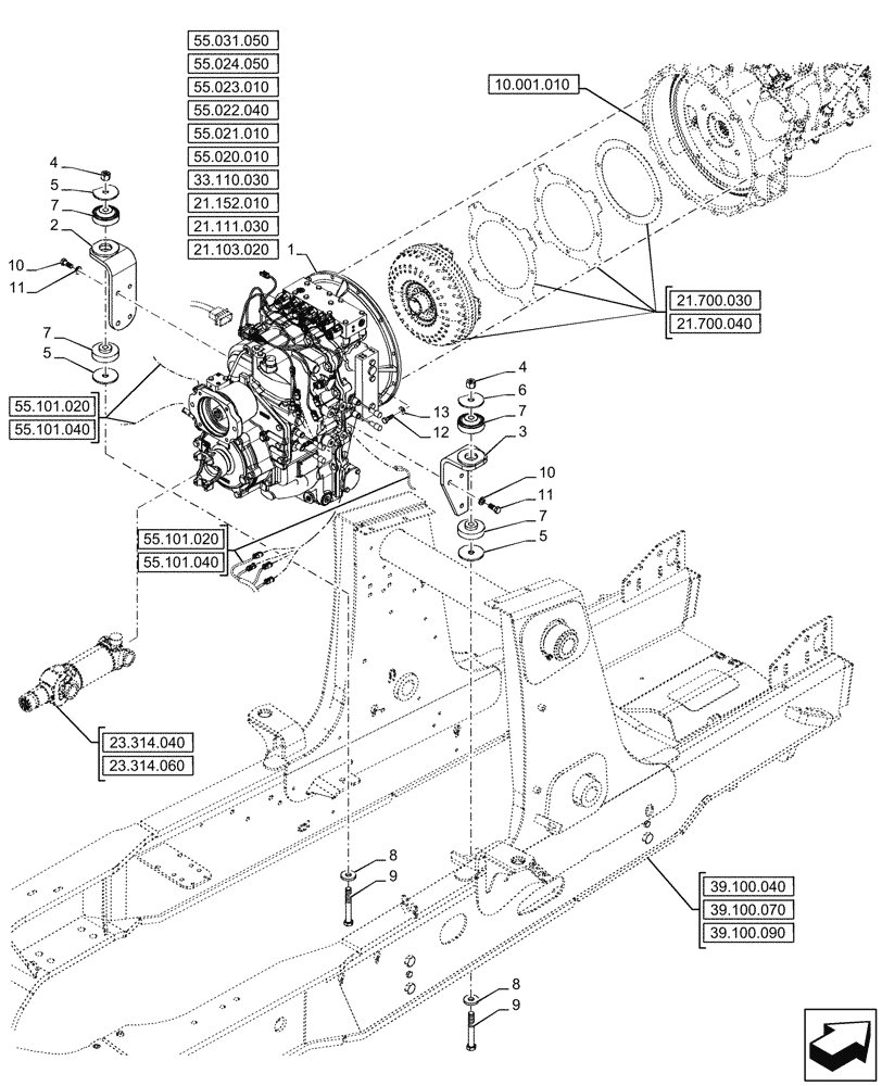 Схема запчастей Case 580SN - (21.111.010) - VAR - 423060 - TRANSMISSION, SEMI-POWERSHIFT, 2WD (21) - TRANSMISSION